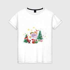 Женская футболка хлопок с принтом Merry Christmas в Новосибирске, 100% хлопок | прямой крой, круглый вырез горловины, длина до линии бедер, слегка спущенное плечо | 2012 | new year | дед мороз | елка | елочка | нг | новогодний | новый 2012 | новый год | олень | подарки | санта | санта клаус | снеговик