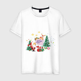Мужская футболка хлопок с принтом Merry Christmas в Новосибирске, 100% хлопок | прямой крой, круглый вырез горловины, длина до линии бедер, слегка спущенное плечо. | 2012 | new year | дед мороз | елка | елочка | нг | новогодний | новый 2012 | новый год | олень | подарки | санта | санта клаус | снеговик