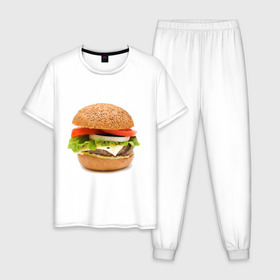 Мужская пижама хлопок с принтом Гамбургер в Новосибирске, 100% хлопок | брюки и футболка прямого кроя, без карманов, на брюках мягкая резинка на поясе и по низу штанин
 | burger | fastfood | gamburger | бургер | гамбургер | еда | пища | фаст фуд | фастфуд