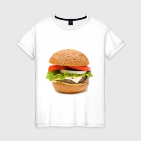 Женская футболка хлопок с принтом Гамбургер в Новосибирске, 100% хлопок | прямой крой, круглый вырез горловины, длина до линии бедер, слегка спущенное плечо | Тематика изображения на принте: burger | fastfood | gamburger | бургер | гамбургер | еда | пища | фаст фуд | фастфуд