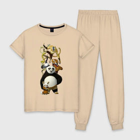 Женская пижама хлопок с принтом Кунг фу Панда (10) в Новосибирске, 100% хлопок | брюки и футболка прямого кроя, без карманов, на брюках мягкая резинка на поясе и по низу штанин | kung fu panda | panda | кунг фу | кунг фу панда