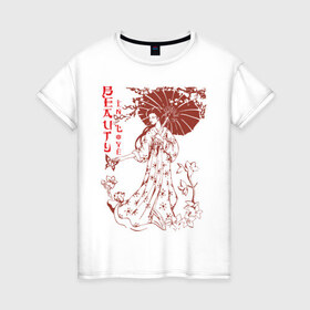 Женская футболка хлопок с принтом Beauty In Love в Новосибирске, 100% хлопок | прямой крой, круглый вырез горловины, длина до линии бедер, слегка спущенное плечо | девушка | зонтик | красивая | красота | любовь | сакура | японка | японская