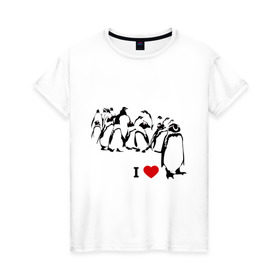 Женская футболка хлопок с принтом Я люблю пингвинов в Новосибирске, 100% хлопок | прямой крой, круглый вырез горловины, длина до линии бедер, слегка спущенное плечо | i love | penguin | птицы | сердце