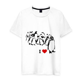 Мужская футболка хлопок с принтом Я люблю пингвинов в Новосибирске, 100% хлопок | прямой крой, круглый вырез горловины, длина до линии бедер, слегка спущенное плечо. | Тематика изображения на принте: i love | penguin | птицы | сердце