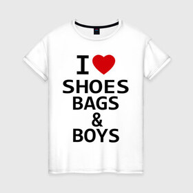 Женская футболка хлопок с принтом Я люблю мальчиков в Новосибирске, 100% хлопок | прямой крой, круглый вырез горловины, длина до линии бедер, слегка спущенное плечо | i love | любовь | мальчики | обувь | отношения | парни | покупки | сумки | туфли | шмотки | шоппинг
