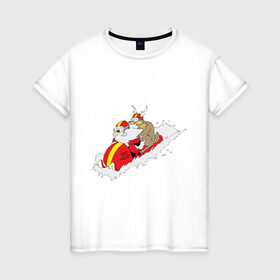 Женская футболка хлопок с принтом Санта с оленем в Новосибирске, 100% хлопок | прямой крой, круглый вырез горловины, длина до линии бедер, слегка спущенное плечо | new year | дед | дед мороз | нг | олень | санта | санта клаус