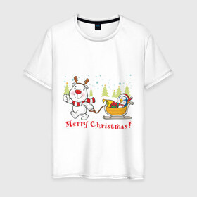 Мужская футболка хлопок с принтом Boowoo (2) в Новосибирске, 100% хлопок | прямой крой, круглый вырез горловины, длина до линии бедер, слегка спущенное плечо. | christmas | елка | нг | новогодний | новый год | олененок | олень | подарки | рождество | рожднственский