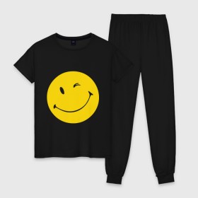 Женская пижама хлопок с принтом Smiles в Новосибирске, 100% хлопок | брюки и футболка прямого кроя, без карманов, на брюках мягкая резинка на поясе и по низу штанин | Тематика изображения на принте: smiles | подмигивающий смайлик | смайл | смайлик | улыбающейся смайлик | улыбка