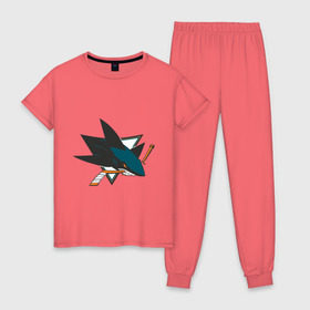 Женская пижама хлопок с принтом San Jose Sharks в Новосибирске, 100% хлопок | брюки и футболка прямого кроя, без карманов, на брюках мягкая резинка на поясе и по низу штанин | национальная хоккейная лига | нхл | сан хосе шаркс