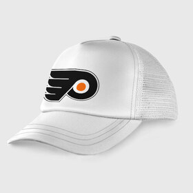 Детская кепка тракер с принтом Philadelphia Flyers в Новосибирске, Козырек - 100% хлопок. Кепка - 100% полиэстер, Задняя часть - сетка | универсальный размер, пластиковая застёжка | hockey | nhl | национальная лига | нхл | филадельфия флаерс | хокей | хоккей