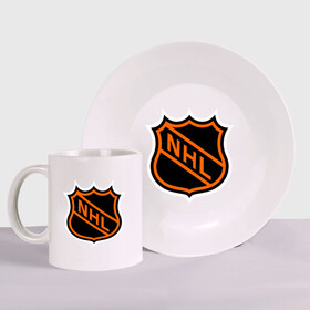 Набор: тарелка + кружка с принтом NHL в Новосибирске, керамика | Кружка: объем — 330 мл, диаметр — 80 мм. Принт наносится на бока кружки, можно сделать два разных изображения. 
Тарелка: диаметр - 210 мм, диаметр для нанесения принта - 120 мм. | национальная хоккейная лига | нхл