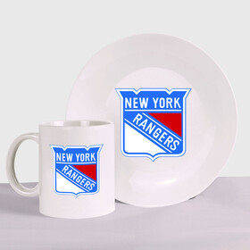 Набор: тарелка + кружка с принтом New York Rangers в Новосибирске, керамика | Кружка: объем — 330 мл, диаметр — 80 мм. Принт наносится на бока кружки, можно сделать два разных изображения. 
Тарелка: диаметр - 210 мм, диаметр для нанесения принта - 120 мм. | new york rangers | nhl | национальная хоккейная лига | нью йорк рейнджерс | хоккей | хоккейная лига