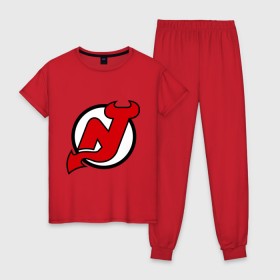 Женская пижама хлопок с принтом New Jersey Devils в Новосибирске, 100% хлопок | брюки и футболка прямого кроя, без карманов, на брюках мягкая резинка на поясе и по низу штанин | национальная хоккейная лига | нхл | нью джерси девилс