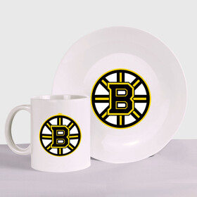 Набор: тарелка + кружка с принтом Boston Bruins в Новосибирске, керамика | Кружка: объем — 330 мл, диаметр — 80 мм. Принт наносится на бока кружки, можно сделать два разных изображения. 
Тарелка: диаметр - 210 мм, диаметр для нанесения принта - 120 мм. | нхл | хоккейная лига