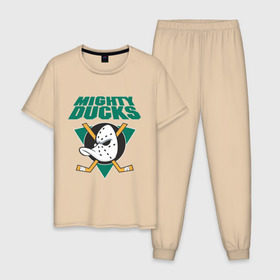 Мужская пижама хлопок с принтом Anaheim Mighty Ducks в Новосибирске, 100% хлопок | брюки и футболка прямого кроя, без карманов, на брюках мягкая резинка на поясе и по низу штанин
 | anaheim mighty ducks | майти дакс | национальная лига калифорнии | хокей | хоккей