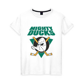 Женская футболка хлопок с принтом Anaheim Mighty Ducks в Новосибирске, 100% хлопок | прямой крой, круглый вырез горловины, длина до линии бедер, слегка спущенное плечо | anaheim mighty ducks | майти дакс | национальная лига калифорнии | хокей | хоккей