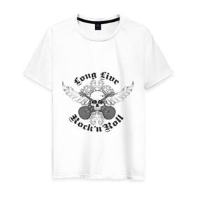 Мужская футболка хлопок с принтом Long Live Rock`n`Roll в Новосибирске, 100% хлопок | прямой крой, круглый вырез горловины, длина до линии бедер, слегка спущенное плечо. | rock | rocknroll | гитары | рок | рок н ролл | череп | черепок | черепушка