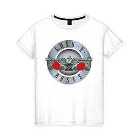 Женская футболка хлопок с принтом Guns`n`Roses в Новосибирске, 100% хлопок | прямой крой, круглый вырез горловины, длина до линии бедер, слегка спущенное плечо | guns | gunsnroses | metall | rock | roses | метал | металл | рок