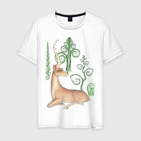 Мужская футболка хлопок с принтом Олень отдыхает в лесу в Новосибирске, 100% хлопок | прямой крой, круглый вырез горловины, длина до линии бедер, слегка спущенное плечо. | в лесу | животные | олень | олень в лесу | олень отдыхает в лесу | отдыхает