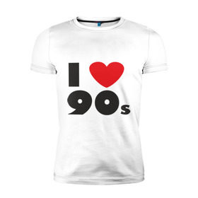 Мужская футболка премиум с принтом Люблю 90-ые в Новосибирске, 92% хлопок, 8% лайкра | приталенный силуэт, круглый вырез ворота, длина до линии бедра, короткий рукав | Тематика изображения на принте: 90s | 90е | музыка | ретро | слушать | старые песни | стиль | я люблю