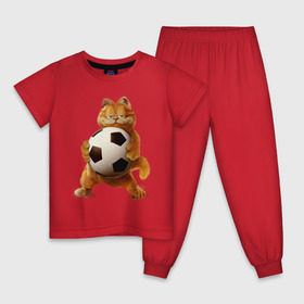 Детская пижама хлопок с принтом Гарфилд (3) в Новосибирске, 100% хлопок |  брюки и футболка прямого кроя, без карманов, на брюках мягкая резинка на поясе и по низу штанин
 | garfield | гарфилд | кот | коты | кошки | мульт | мультик | мульфильм | мяч | футбольный мяч