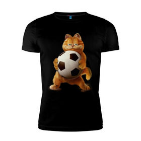 Мужская футболка премиум с принтом Гарфилд (3) в Новосибирске, 92% хлопок, 8% лайкра | приталенный силуэт, круглый вырез ворота, длина до линии бедра, короткий рукав | garfield | гарфилд | кот | коты | кошки | мульт | мультик | мульфильм | мяч | футбольный мяч