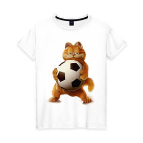 Женская футболка хлопок с принтом Гарфилд (3) в Новосибирске, 100% хлопок | прямой крой, круглый вырез горловины, длина до линии бедер, слегка спущенное плечо | garfield | гарфилд | кот | коты | кошки | мульт | мультик | мульфильм | мяч | футбольный мяч