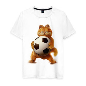 Мужская футболка хлопок с принтом Гарфилд (3) в Новосибирске, 100% хлопок | прямой крой, круглый вырез горловины, длина до линии бедер, слегка спущенное плечо. | garfield | гарфилд | кот | коты | кошки | мульт | мультик | мульфильм | мяч | футбольный мяч