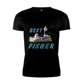 Мужская футболка премиум с принтом Best fisher в Новосибирске, 92% хлопок, 8% лайкра | приталенный силуэт, круглый вырез ворота, длина до линии бедра, короткий рукав | клев | лодка | лучший рыбак | на рыбалке | ноживка | рыбак в лодке | рыбалка | удочка | улов