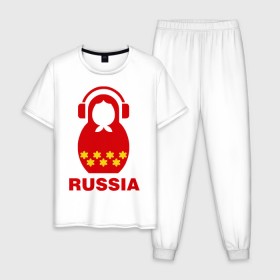 Мужская пижама хлопок с принтом Russia dj в Новосибирске, 100% хлопок | брюки и футболка прямого кроя, без карманов, на брюках мягкая резинка на поясе и по низу штанин
 | диджей | матрешка | наушники | россия