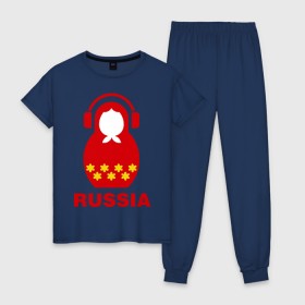 Женская пижама хлопок с принтом Russia dj в Новосибирске, 100% хлопок | брюки и футболка прямого кроя, без карманов, на брюках мягкая резинка на поясе и по низу штанин | диджей | матрешка | наушники | россия