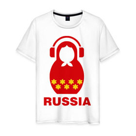 Мужская футболка хлопок с принтом Russia dj в Новосибирске, 100% хлопок | прямой крой, круглый вырез горловины, длина до линии бедер, слегка спущенное плечо. | диджей | матрешка | наушники | россия