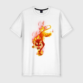 Мужская футболка премиум с принтом Тигр в огне в Новосибирске, 92% хлопок, 8% лайкра | приталенный силуэт, круглый вырез ворота, длина до линии бедра, короткий рукав | животные | огонь | пламя | тигр в огне | тирг | хищники
