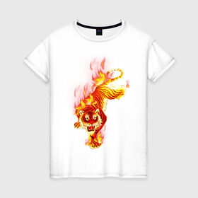 Женская футболка хлопок с принтом Тигр в огне в Новосибирске, 100% хлопок | прямой крой, круглый вырез горловины, длина до линии бедер, слегка спущенное плечо | животные | огонь | пламя | тигр в огне | тирг | хищники