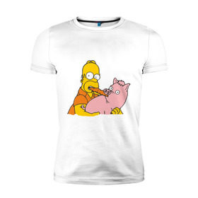 Мужская футболка премиум с принтом Гомер и свинья в Новосибирске, 92% хлопок, 8% лайкра | приталенный силуэт, круглый вырез ворота, длина до линии бедра, короткий рукав | гомер