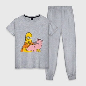 Женская пижама хлопок с принтом Гомер и свинья в Новосибирске, 100% хлопок | брюки и футболка прямого кроя, без карманов, на брюках мягкая резинка на поясе и по низу штанин | гомер