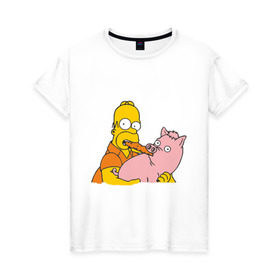 Женская футболка хлопок с принтом Гомер и свинья в Новосибирске, 100% хлопок | прямой крой, круглый вырез горловины, длина до линии бедер, слегка спущенное плечо | гомер