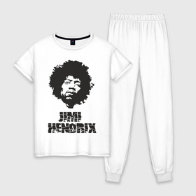 Женская пижама хлопок с принтом Jimi Hendrix в Новосибирске, 100% хлопок | брюки и футболка прямого кроя, без карманов, на брюках мягкая резинка на поясе и по низу штанин | 60е | гитарист | джими хендрикс | джимми хендрикс | ретро | рок