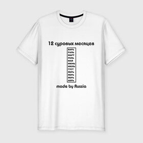 Мужская футболка премиум с принтом 12 суровых месяцев в Новосибирске, 92% хлопок, 8% лайкра | приталенный силуэт, круглый вырез ворота, длина до линии бедра, короткий рукав | Тематика изображения на принте: made | russia | время года | год | календарь | месяцы | россия | сезон