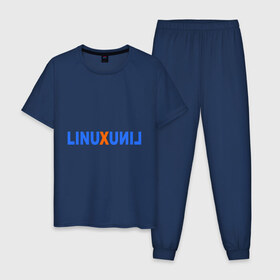Мужская пижама хлопок с принтом Linux (7) в Новосибирске, 100% хлопок | брюки и футболка прямого кроя, без карманов, на брюках мягкая резинка на поясе и по низу штанин
 | linux | зеркальное отражение | линукс | надпись