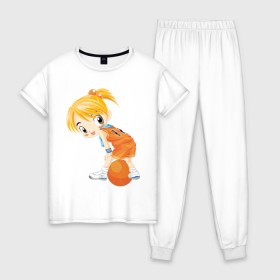 Женская пижама хлопок с принтом Баскетболистка в Новосибирске, 100% хлопок | брюки и футболка прямого кроя, без карманов, на брюках мягкая резинка на поясе и по низу штанин | баскетбольный мяч | девочка баскетболистка