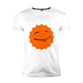 Мужская футболка премиум с принтом Смайл - довольное солнце в Новосибирске, 92% хлопок, 8% лайкра | приталенный силуэт, круглый вырез ворота, длина до линии бедра, короткий рукав | smile | довольное солнце | смайл | солнце | солнышко | улыбка