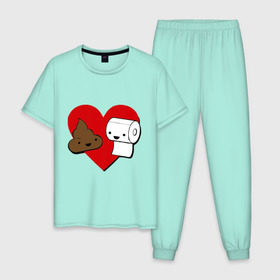Мужская пижама хлопок с принтом Какашка и бумага в Новосибирске, 100% хлопок | брюки и футболка прямого кроя, без карманов, на брюках мягкая резинка на поясе и по низу штанин
 | Тематика изображения на принте: love. сердце | бумага | вместе навсегда | любовь | туалетная бумага