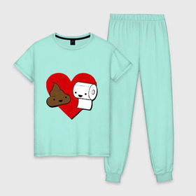 Женская пижама хлопок с принтом Какашка и бумага в Новосибирске, 100% хлопок | брюки и футболка прямого кроя, без карманов, на брюках мягкая резинка на поясе и по низу штанин | love. сердце | бумага | вместе навсегда | любовь | туалетная бумага