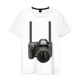 Мужская футболка хлопок с принтом Фотоаппарат на шее в Новосибирске, 100% хлопок | прямой крой, круглый вырез горловины, длина до линии бедер, слегка спущенное плечо. | прикольные | рисунок | турист | фотоаппарат
