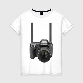 Женская футболка хлопок с принтом Фотоаппарат на шее в Новосибирске, 100% хлопок | прямой крой, круглый вырез горловины, длина до линии бедер, слегка спущенное плечо | прикольные | рисунок | турист | фотоаппарат