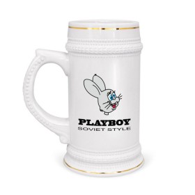 Кружка пивная с принтом Playboy soviet style в Новосибирске,  керамика (Материал выдерживает высокую температуру, стоит избегать резкого перепада температур) |  объем 630 мл | Тематика изображения на принте: playboy | зайчик | зайчонок | заяц | плейбой | плэйбой