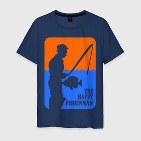 Мужская футболка хлопок с принтом Счастливый рыбак в Новосибирске, 100% хлопок | прямой крой, круглый вырез горловины, длина до линии бедер, слегка спущенное плечо. | fishenman | happy | рыба | рыбалка | счастье