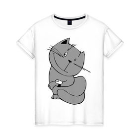 Женская футболка хлопок с принтом Кот с часами в Новосибирске, 100% хлопок | прямой крой, круглый вырез горловины, длина до линии бедер, слегка спущенное плечо | довольный кот | кот с часами | котик | коты | котя | кошки | наручные часы | часы