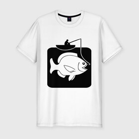 Мужская футболка премиум с принтом Рыбак и большая рыба в Новосибирске, 92% хлопок, 8% лайкра | приталенный силуэт, круглый вырез ворота, длина до линии бедра, короткий рукав | Тематика изображения на принте: лодка | прикольные | рисунок | рыба | рыбак | рыбалка